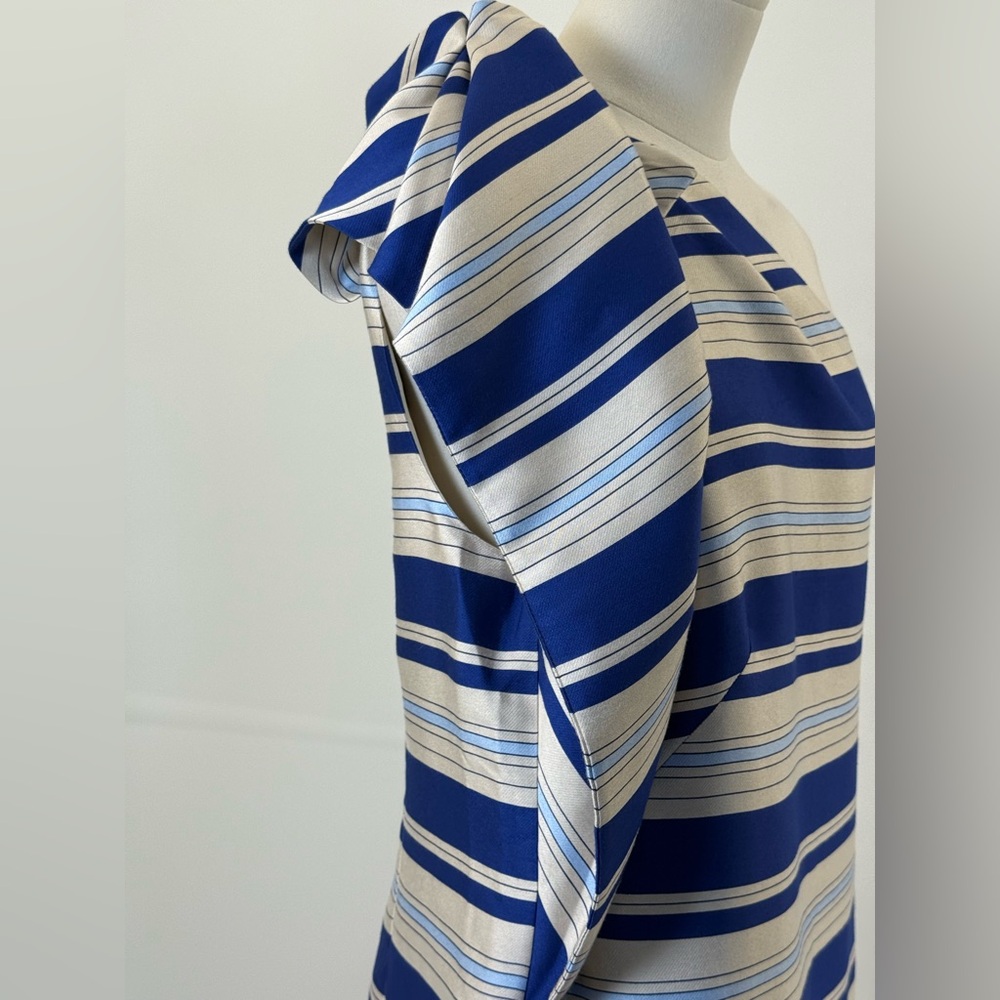 Banana Republic One Shoulder Striped Blue/Ivory With Bow Knee Length Dress SZ 16 - Picture 7 of 16